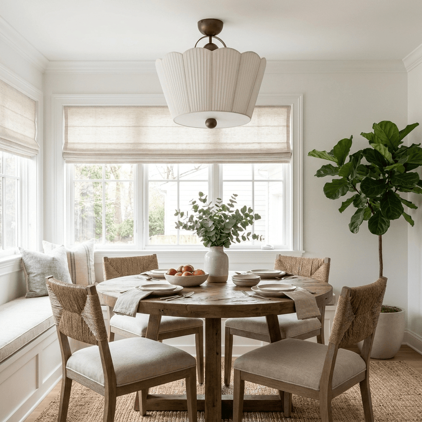 Pleated fabric ceiling light above a round dining table with upholstered chairs