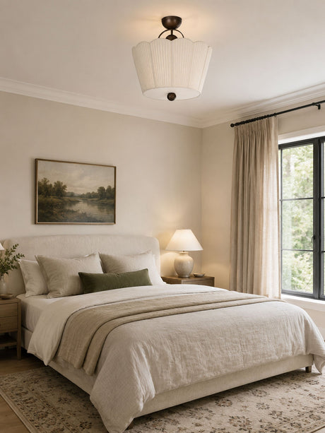 Pleated fabric ceiling light above a bed with striped linen and a bedside lamp