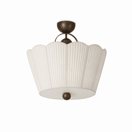 Pleated ceiling light seen close up, unlit, showing the scalloped petal outline