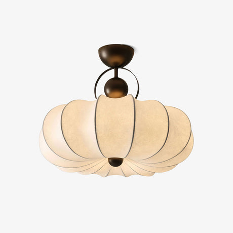 Pleated ceiling light in cream silk with a bronze frame, shown on a plain background