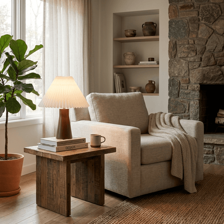 Pleated table lamp lit on a side table beside a cream armchair and throw