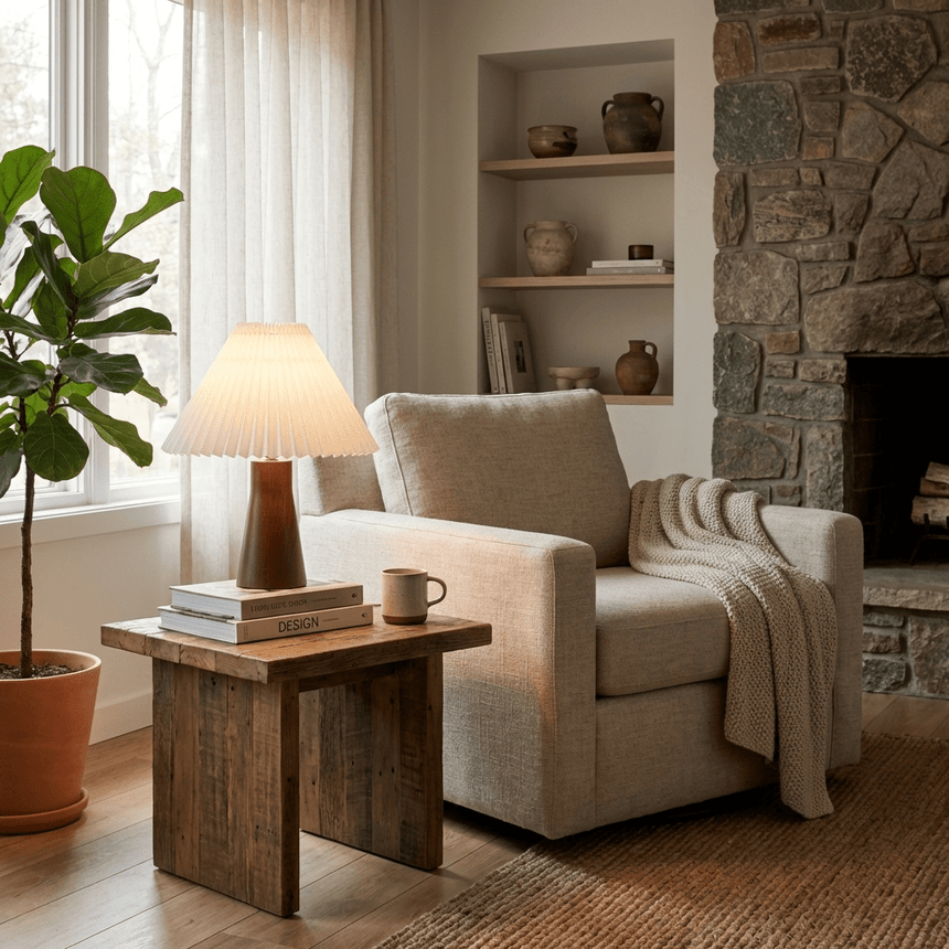 Pleated table lamp lit on a side table beside a cream armchair and throw