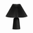 Pleated black shade on a black wood base against a plain white ground