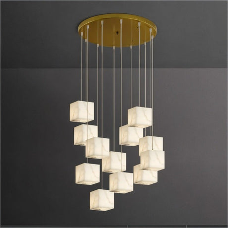 A wide group of lit alabaster cubes at several heights below a brass plate