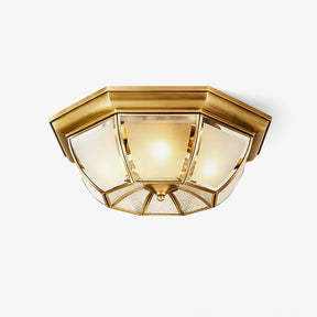 Polished brass ceiling light shaped as an octagonal bowl with frosted glass