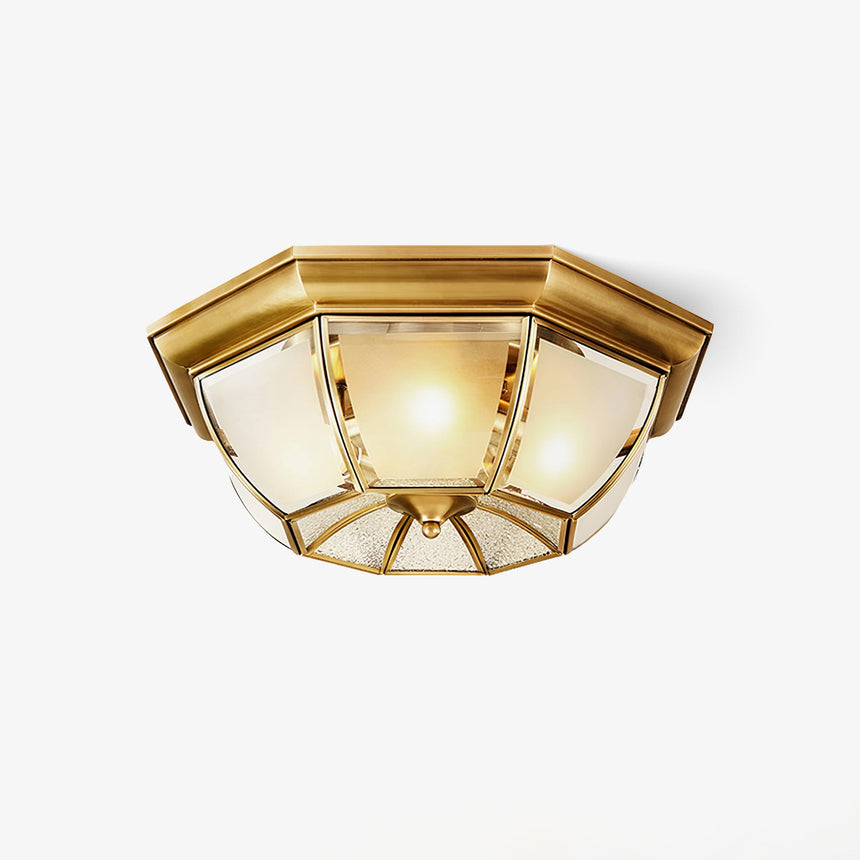 Octagonal brass ceiling light shown unlit on a white backdrop
