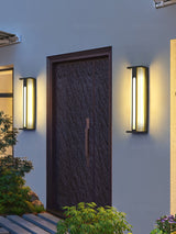 The lanterns flanking an entry door above a bed of low plants