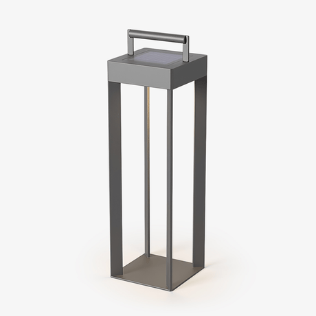 Rectangular open frame lantern in gray steel with an arched carry handle