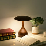 Portable table lamp lit at dusk on a desk with books