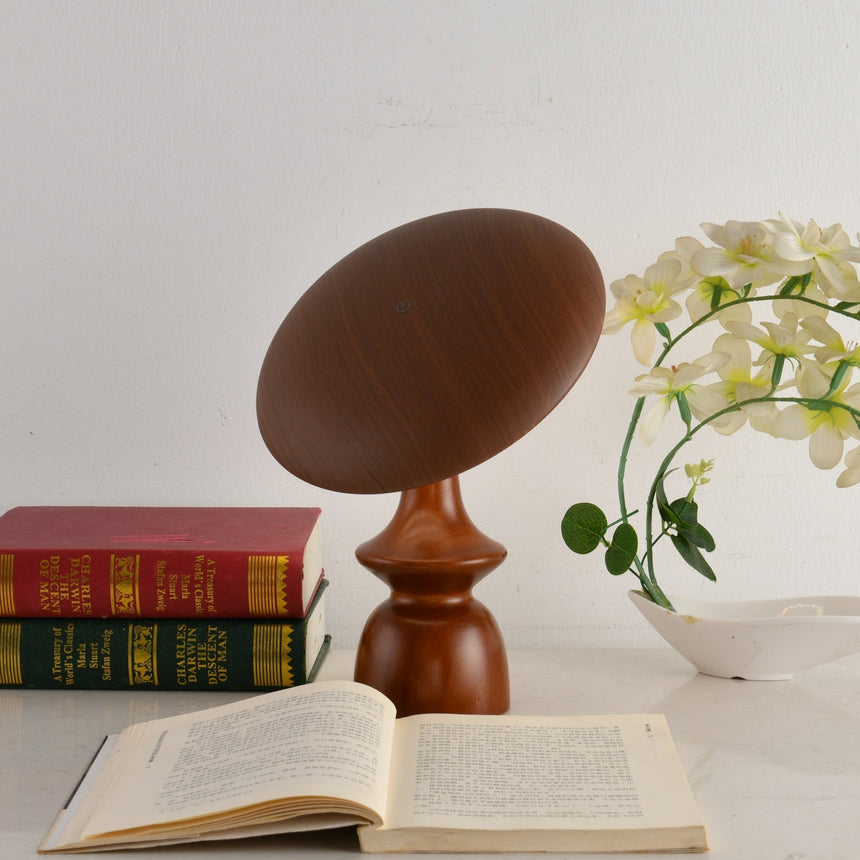 Portable table lamp on a spindle base lit over an open book