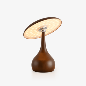 Portable table lamp with a tilting disc on a teardrop wood base