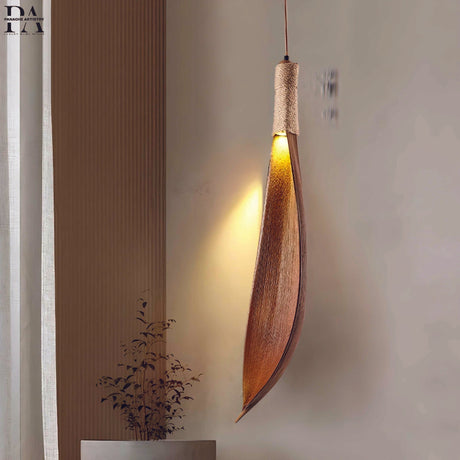 Leaf-shaped pendant light close-up angle view