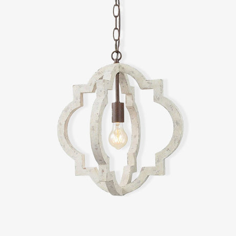 A quatrefoil frame of aged white wood around a single filament lamp on a chain