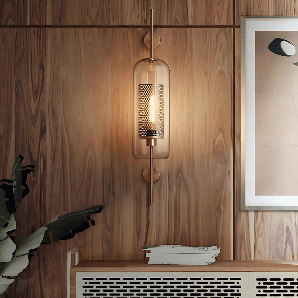 Glass and metal wall lamp with warm LED ambient glow for living room