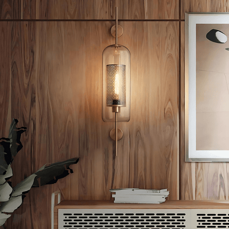 Glass and metal wall lamp with warm LED ambient glow for living room