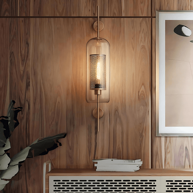 Glass and metal wall lamp with warm LED ambient glow for living room