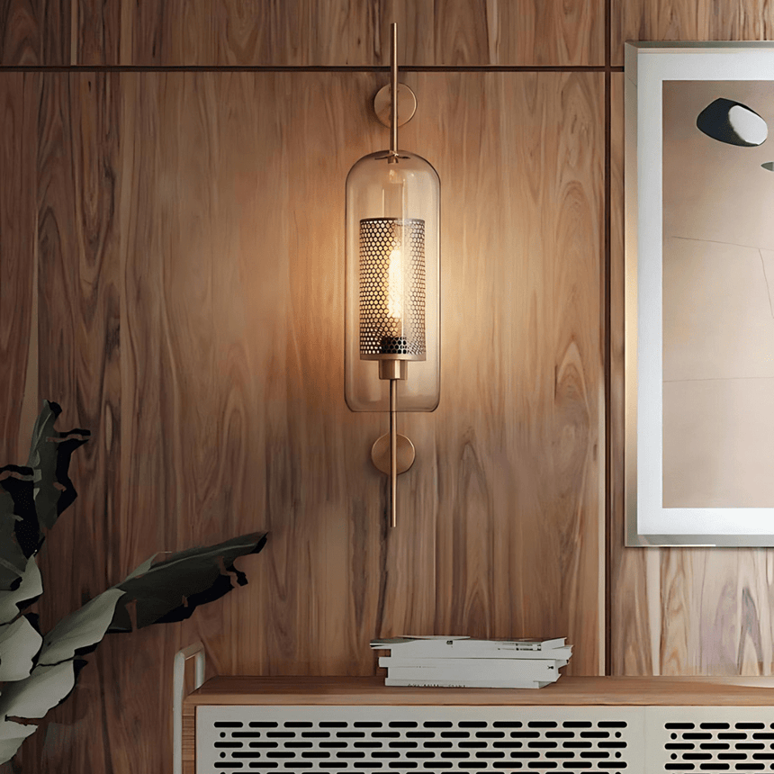 Glass and metal wall lamp with warm LED ambient glow for living room