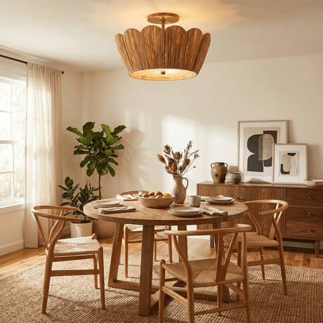 Raffia ceiling light lit above a round dining table with wood chairs and a plant