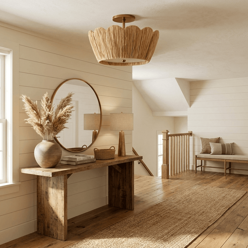 Raffia ceiling light in an entryway with a round mirror, a console and dried grasses