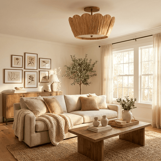 Raffia ceiling light lit in a living room with a linen sofa and framed prints