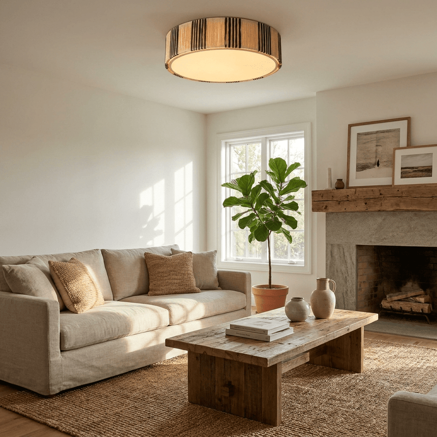 Striped raffia drum ceiling light in a living room with a fireplace and a fig tree