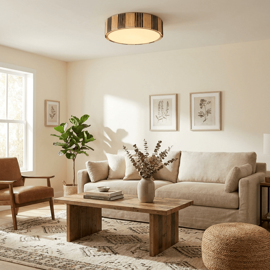 Striped raffia drum ceiling light above a coffee table and a pale linen sofa