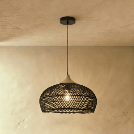 A low black dome shade, the weave tight at the top and open below