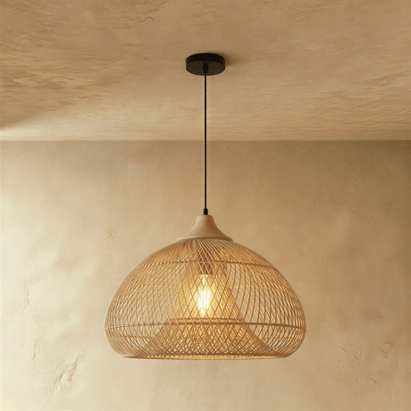 The widest natural shade, a low dome of open rattan lit from inside