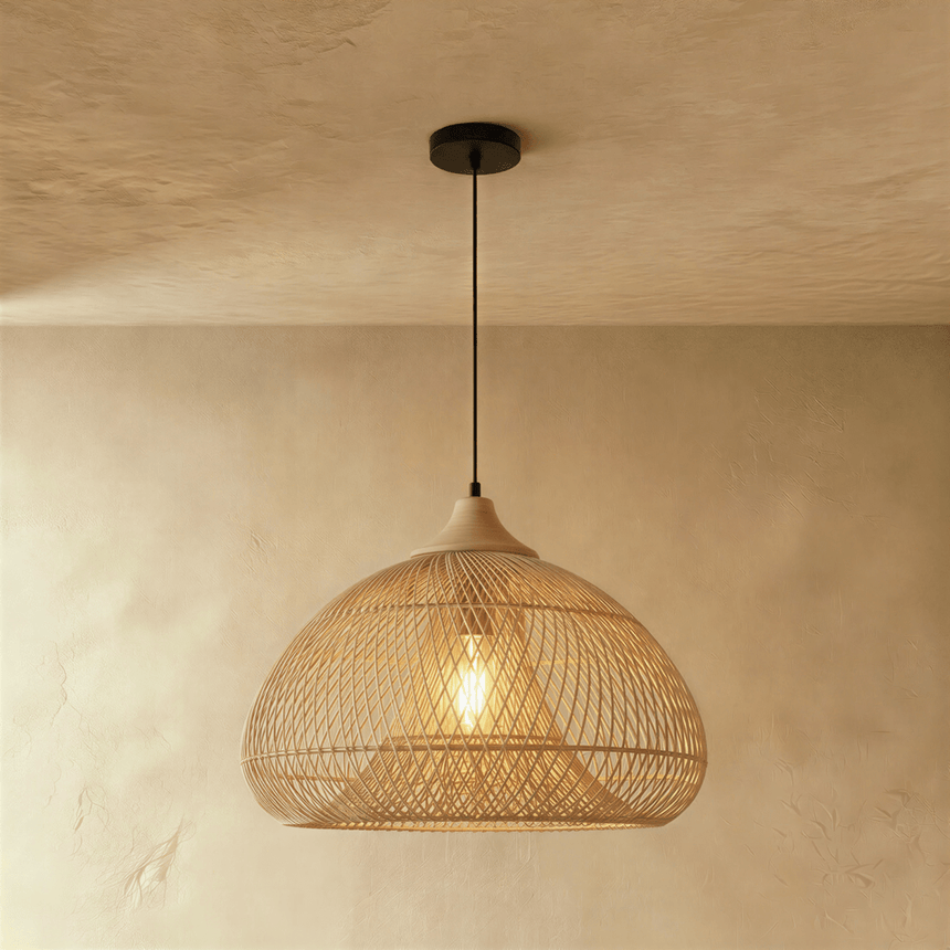 The widest natural shade, a low dome of open rattan lit from inside