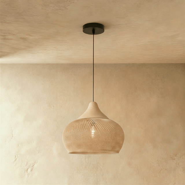 A natural rattan lantern shade, openly woven, glowing from the lamp inside it