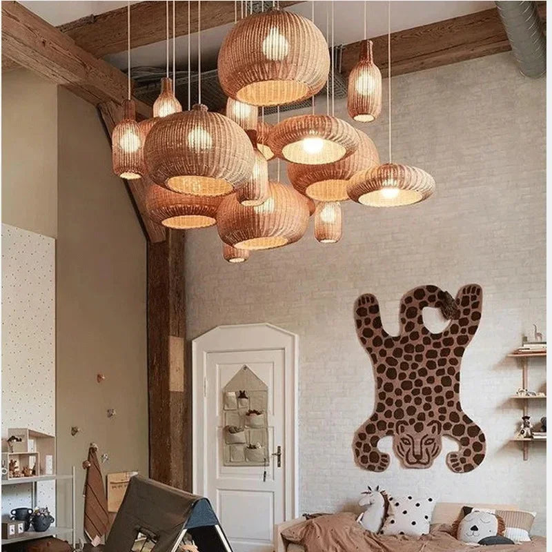 Many woven rattan shades hung together across a wide room