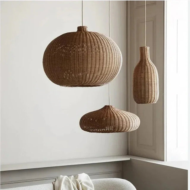 Rattan ceiling light shown as three woven shapes in one room