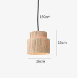 Dimension card for the 16 cm rattan drum pendant light on a 150 cm cord
