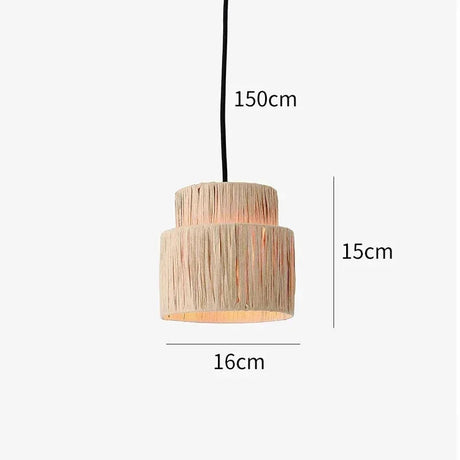 Dimension card for the 16 cm rattan drum pendant light on a 150 cm cord