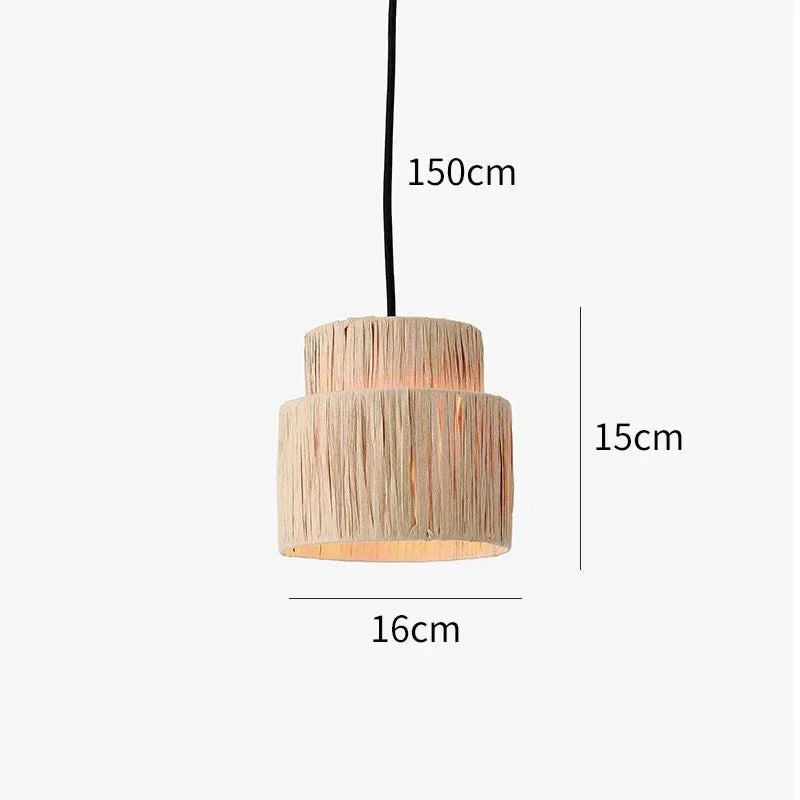Dimension card for the 16 cm rattan drum pendant light on a 150 cm cord
