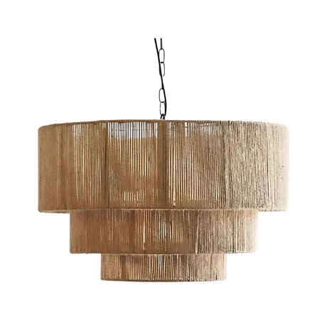 Rattan drum pendant light unlit against a gray background