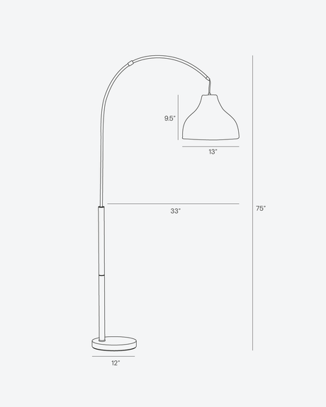 Dimension drawing giving 75 inches of height, a 33 inch reach and a 13 inch shade