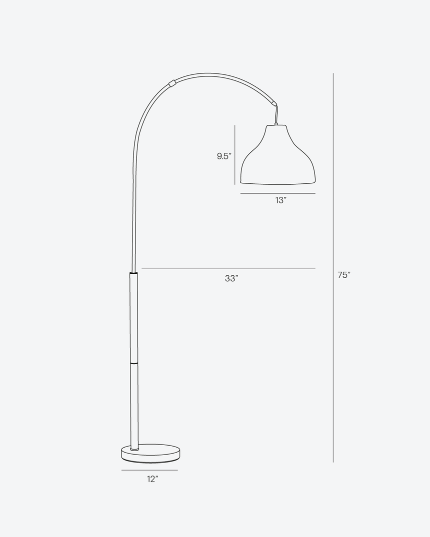 Dimension drawing giving 75 inches of height, a 33 inch reach and a 13 inch shade