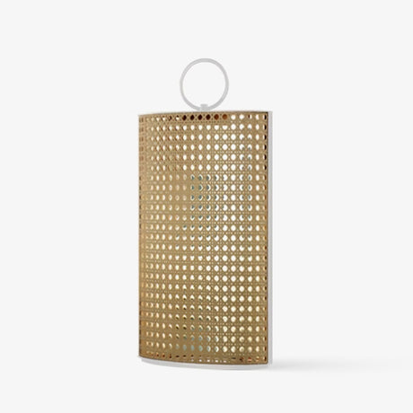 Cylindrical lantern in perforated metal and rattan with a ring handle
