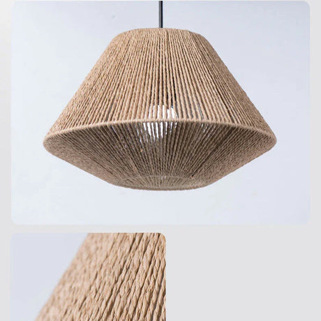 Pleated rattan shade seen from above with its cord and ceiling cup