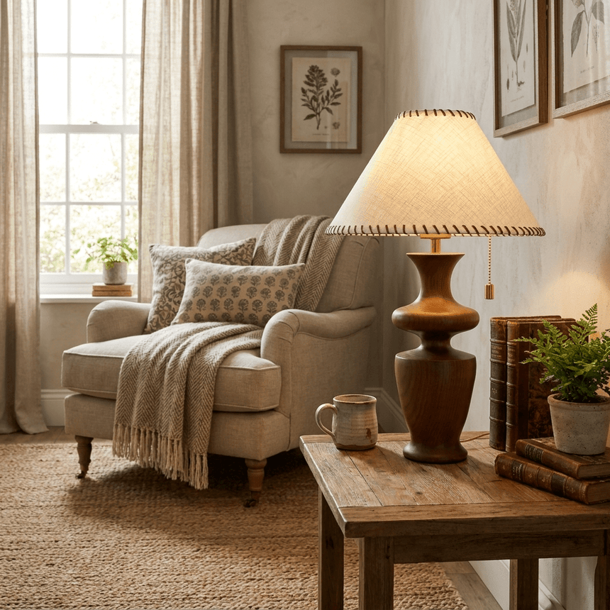 Woven fabric shade table lamp lit beside a pale armchair and a throw