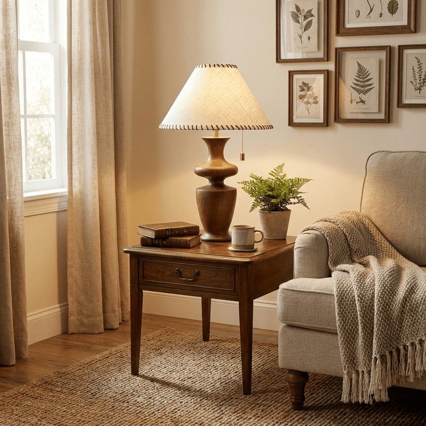 Table lamp with a woven fabric shade on a side table beside an armchair