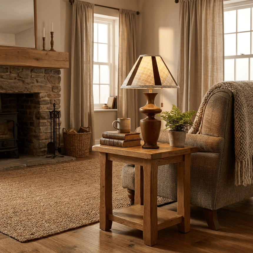 Plaid shade table lamp lit on a side table in front of a stone fireplace
