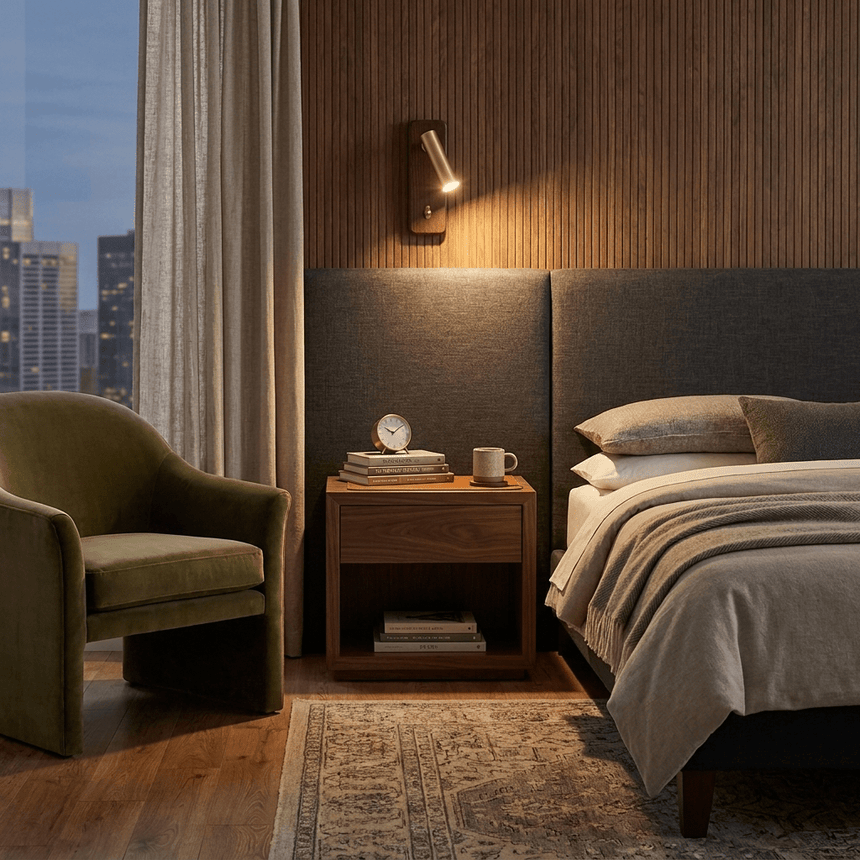 Reading sconce lit above a bed against a slatted wood wall at night