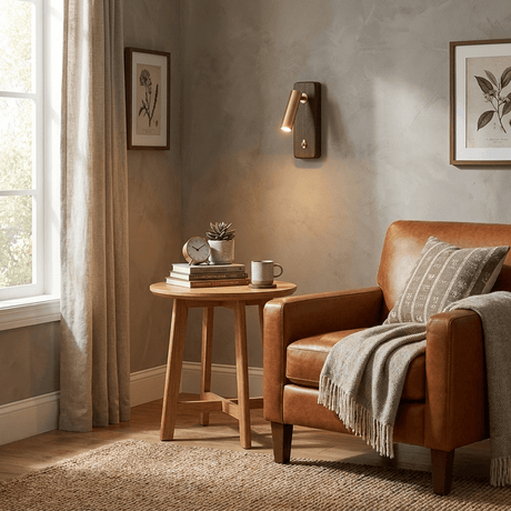 Reading sconce lit in a reading corner above a side table and armchair