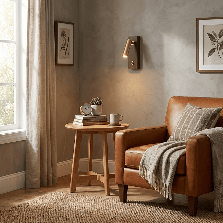 Reading sconce lit in a reading corner above a side table and armchair