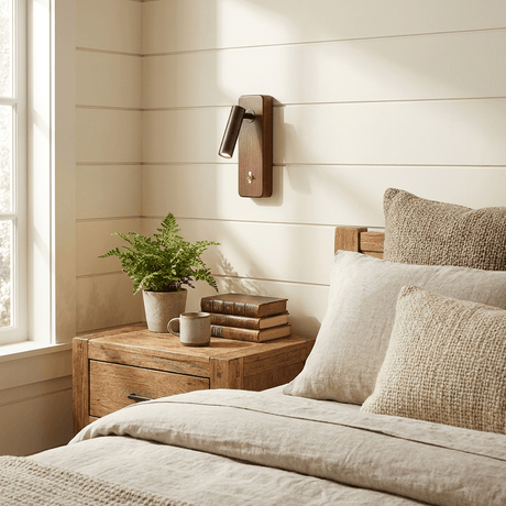 Reading sconce lit above a bed with a plant and books on the nightstand