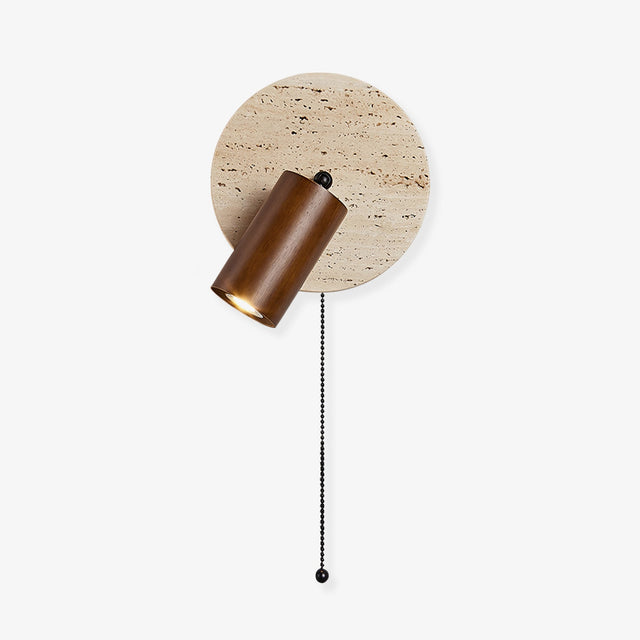 Reading light wall sconce, a tilting head on a travertine disc with a pull chain