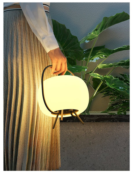 The lamp carried by its handle past tall planting in a dark garden
