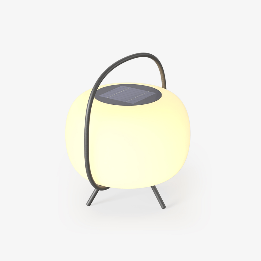 Rounded white pod lamp on three short legs with an arched carry handle